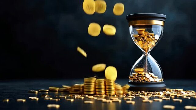 Hourglass with falling coins, symbolizing the passage of time and wealth accumulation in a dynamic visual representation of financial concepts and aspirations