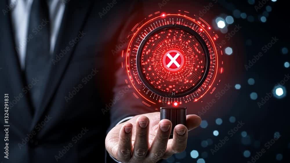 Poster businessman holding red circular icon with error symbol in digital interface concept of technology, 