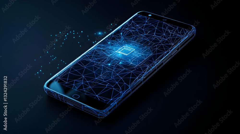 Poster futuristic digital smartphone from illuminated blue particles on dark background visualization of mo