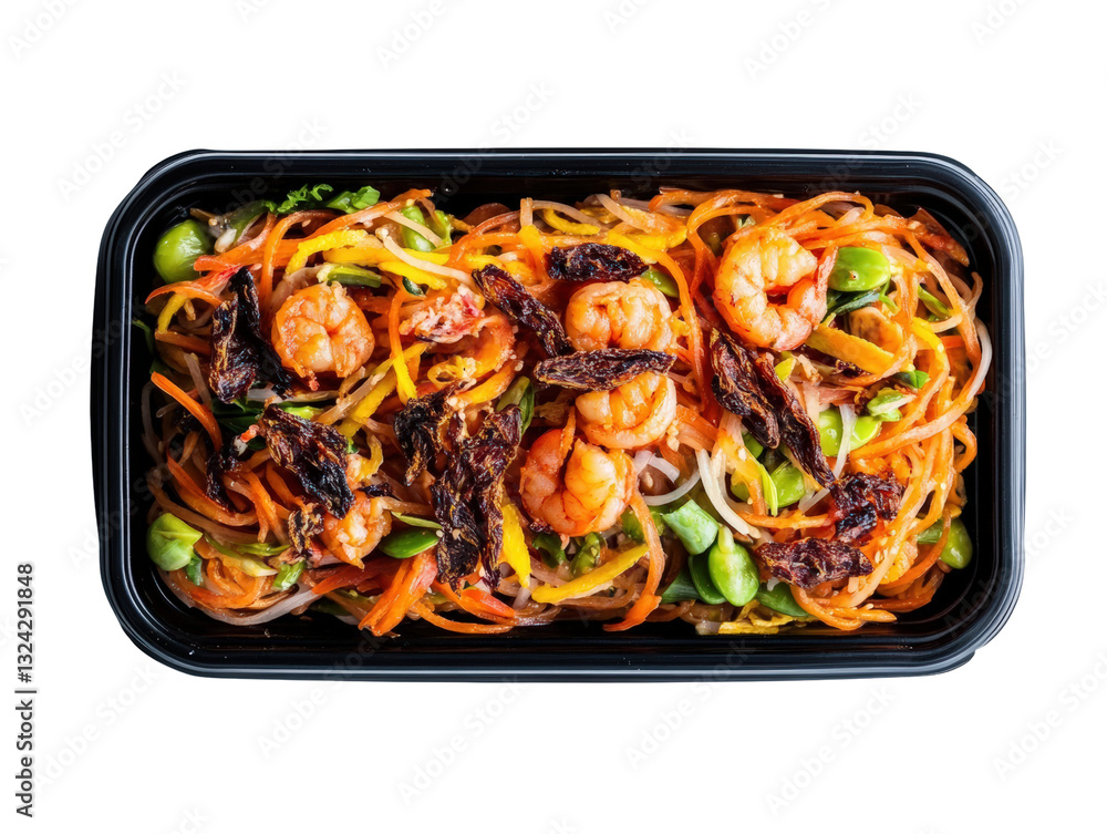 Poster fresh shrimp salad displayed on a tray with colorful vegetables and garnishes creating an appealing 