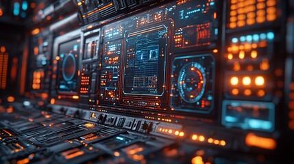Obraz premium Futuristic control panel with glowing interfaces and data displays in a high-tech environment