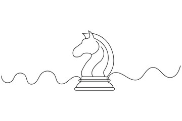 Knight chess one line drawing of minimalist vector icon with black and white background
