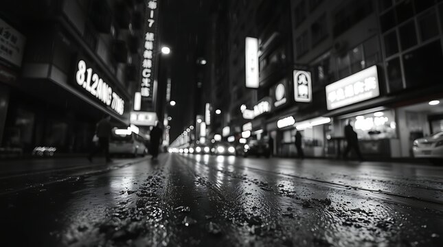 Fototapeta Rainy night city street, black and white.