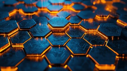 Hexagonal tiles glow with warm light on a cool, textured surface