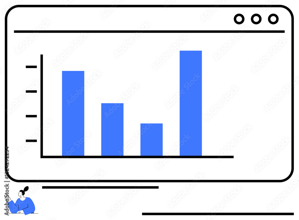 Aufkleber bar chart in browser window with person writing below, representing data analysis, growth tracking, 