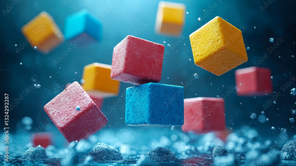 Poster vibrant, fuzzy floating cubes in various colors against a blue background, creating a surreal effect