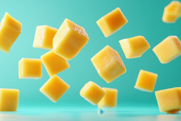 Stack of cubes tumbling down against a blue backdrop.