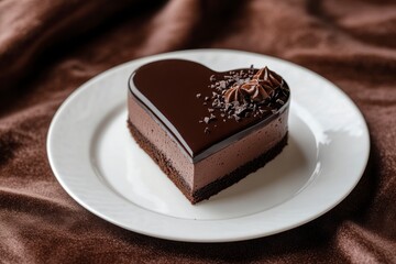 Heart Shaped Chocolate Cake Dessert with Ganache on White Plate