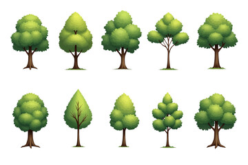 Fototapeta premium Collection of 10 Different Cartoon Trees PNG Illustrations with Various Shapes and Sizes for Nature and Landscape Design