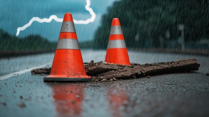 Accident Storm Impact Concept, Emergency Road Closure with Traffic Cones and Damaged Surface Under Dark Skies and Lightning
