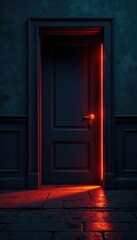 dimly lit door with light spilling from beneath, allure, mystery