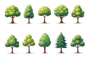 Collection of 10 Different Cartoon Trees PNG Illustrations with Various Shapes and Sizes for Nature and Landscape Design