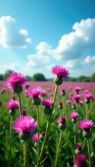 Fototapeta premium Field of Globe Thistle flowers in full bloom against a blue sky, botanical, globe thistle