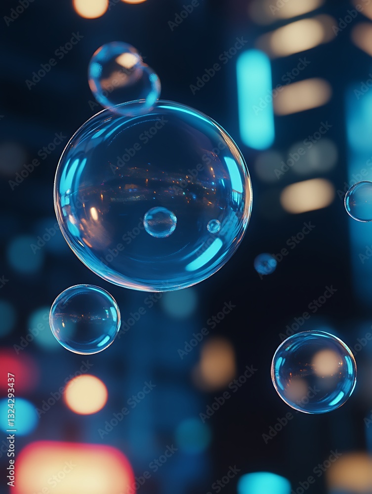 Poster abstract floating soap bubbles with cityscape reflections and bokeh lights