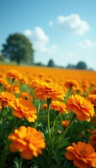 Field of orange marigolds swaying in the wind, marigolds, bloom
