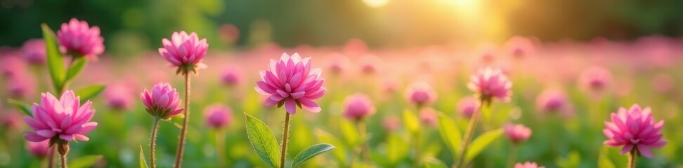 Field of pink clover flowers swaying in breeze, spring bloom