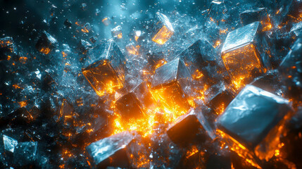 Shattered metallic cubes glowing with fiery energy, representing destruction, transformation, and digital chaos