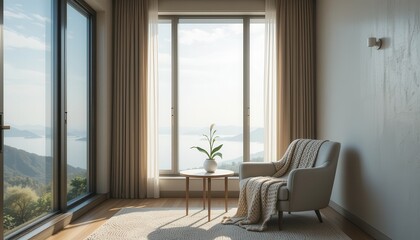 Serene Lakeside View from Modern Room with Cozy Armchair and Natural Light