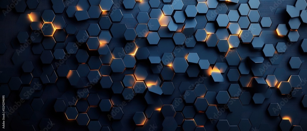 Poster dark blue background with glowing hexagons creating a futuristic and technologically advanced digita