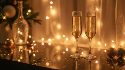 Celebrate with two elegant champagne flutes filled with bubbly, surrounded by festive decorations and warm lights