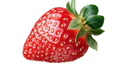 Ultra-detailed single strawberry, rich red color, tiny yellow seeds embedded naturally, soft green leaves with subtle veins