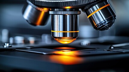 Illuminated microscope objective, detailed and shining, over a dark sample stage