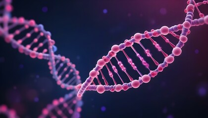 A digital rendering of a DNA double helix structure against a dark blue background