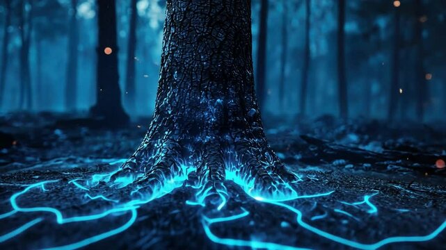Glowing Roots of a Majestic Tree Surrounded by Mystical Blue Light in a Serene Forest Landscape
