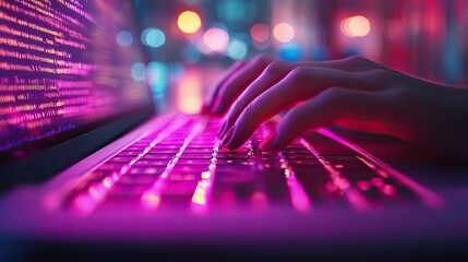 Innovation in software development is emphasized by a close up of hands typing code on a purple lit laptop.
