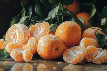 A painting of oranges and leaves on a table.