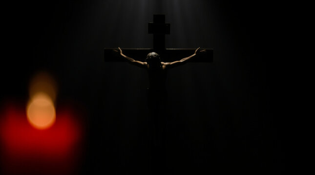 conceito de ressurreição: crucificação, cruz de Jesus cristo no escuro silueta	
