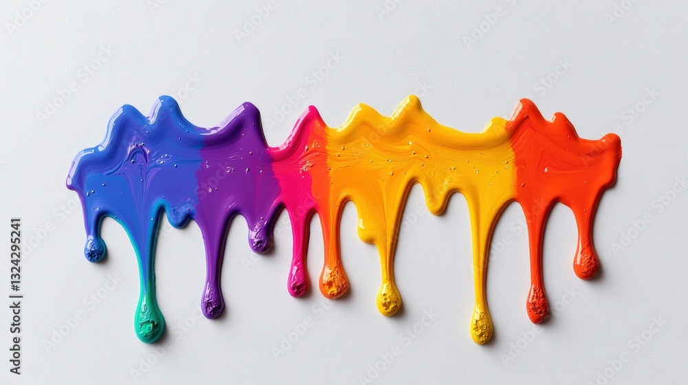 Poster three vibrant drips of colorful paint flowing downward on a clean white background creating an artis