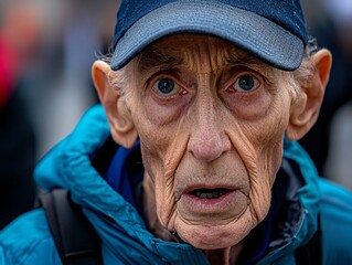 Elderly marathon runner shows determination at local race city park photography outdoor close-up resilience