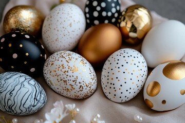 Obraz premium A stunning collection of black and white decorated Easter eggs embellished with gold accents, showcasing elegance and creativity, perfect for festive and artistic displays.