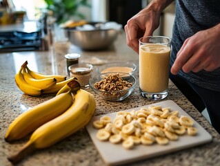Fitness athlete preparing protein smoothie in kitchen food preparation healthy lifestyle indoor setting close-up view