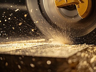 High-speed circular saw cutting wood workshop action shot industrial setting close-up power tools in motion