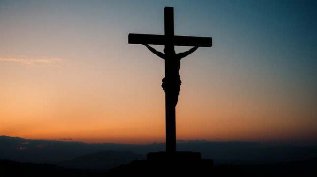 conceito de ressurreição:  Silueta de Jesus Cristo na cruz por do sol fé cristão