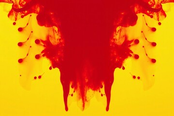 Abstract splash of red paint inkblot against a bright yellow background.