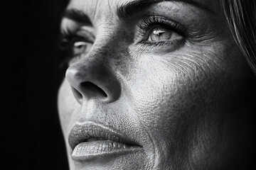 Obraz premium Ultra-high resolution black and white portrait of a woman with dramatic lighting enhanced by color gel effects. 