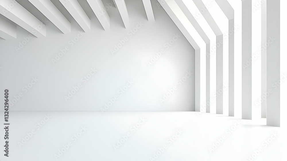 Poster bright white minimalist interior design showing geometric ceiling structure with linear elements and