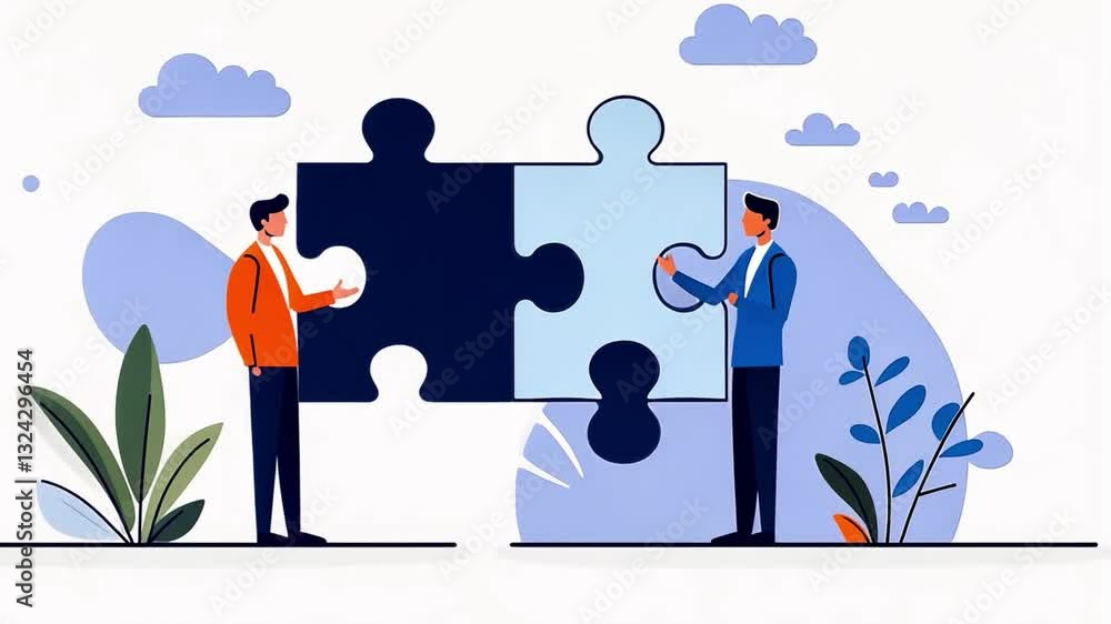 Poster two individuals collaborating to complete a puzzle piece in a creative workspace with greenery and s