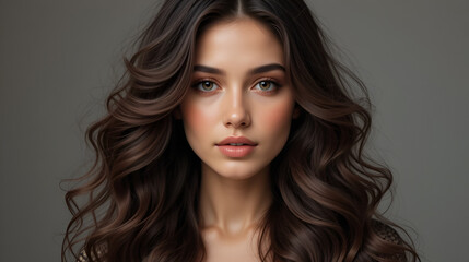 Fototapeta premium Beautiful model girl with long wavy and shiny hair . Brunette woman with curly hairstyle