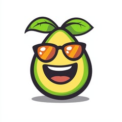 Happy cartoon avocado character wearing sunglasses with leaves