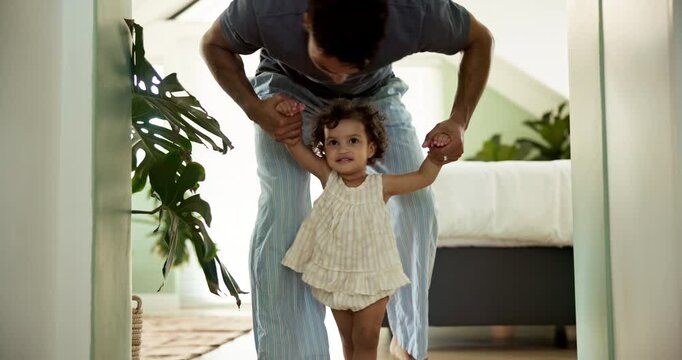 Home, first steps and father with baby, help and bonding together with child development. Apartment, family or learning with toddler, kid or celebration with growth, smile and motor skills in bedroom