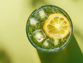 Refreshing matcha soda with lemon kitchen beverage photography bright environment top-down view healthy concept