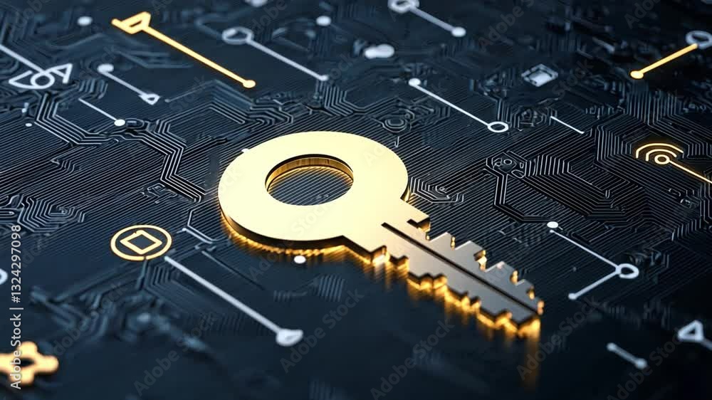Poster Digital Key on Circuit Board Background with Technology Elements for Security and Data Protection Concepts and Themes in Modern Computing