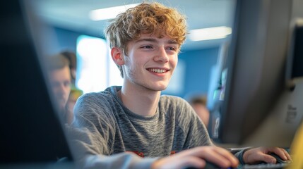 Happy young computer user in dynamic educational setting