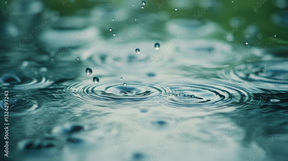 Aufkleber close-up of water droplets creating ripples on a calm surface with green background
