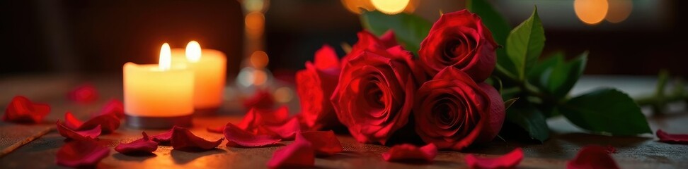 Red roses and candles on a romantic dinner table, candlelight, intimacy