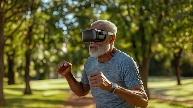 An elderly man using a virtual reality headset while working out outside in a sunlight park.